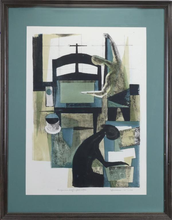 Benton Spruance (1904-1967): Lithograph proof in four colors of "Studio Press", SDLR '65. Modernist composition of figures working on a printing press. 25.5"h x 18"w sight and 34.5"h x 26.5"w framed