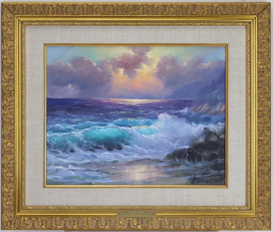 Alexander Dzigurski II (1968): Oil on canvas "Sunset Study", SLR. Coastal landscape of crashing waves against brilliantly lit horizon. 11"h x 13.5"w and 17.5"h x 20.5"w framed
