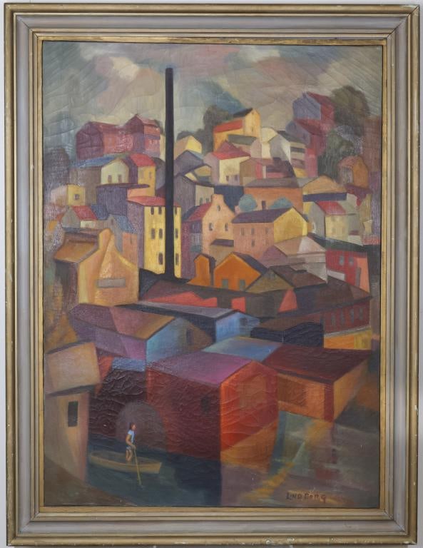 Carl Lindborg (1903-1994): Oil on canvas, SLR and en verso. Modernist industrial waterfront with geometric buildings, smokestack, and a lone figure rowing a boat. 41.5"h x 30"w and 46.5"h x 35"w framed