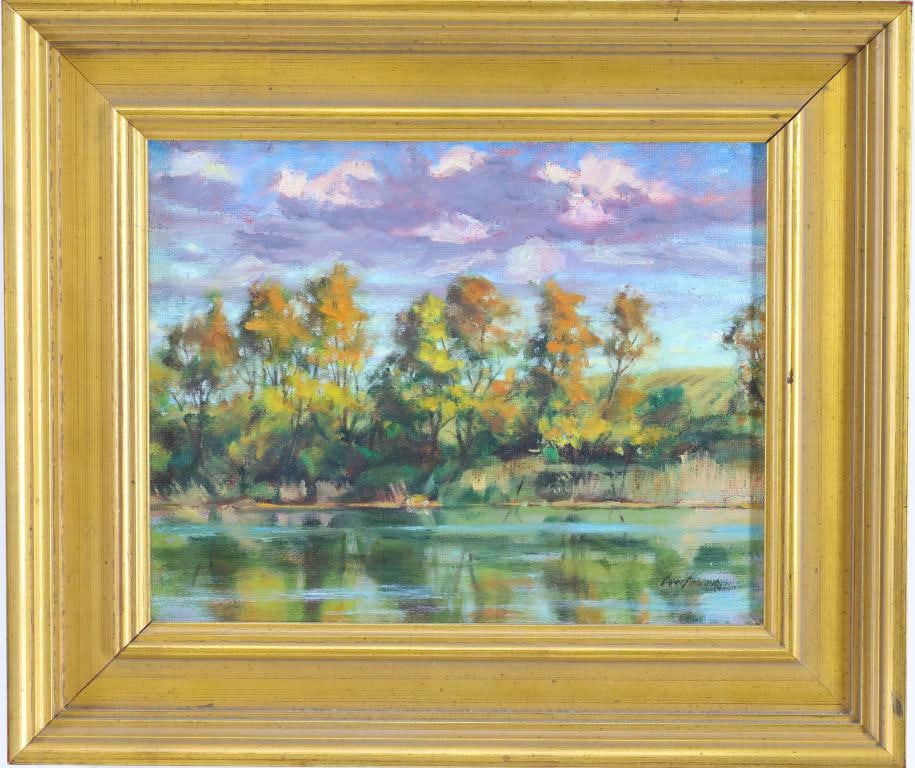Scott Woolever (20th c.): Oil on canvas, "Mid October", SLR. Fall landscape with full trees and a calm lake. 8"h x 10"w and 11.75"h x 13.75"w framed