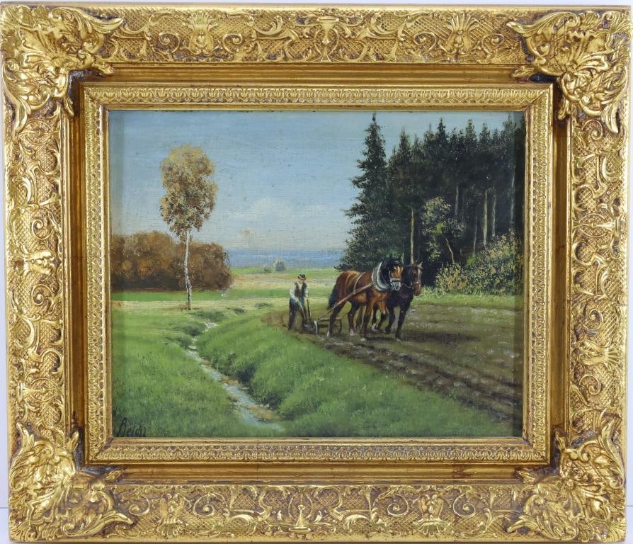 Alois Reichl (Born 1864): Oil on board, SLL. Agrarian landscape of a man plowing a field with a team of two horses. 12.5"h x 14.5"w framed