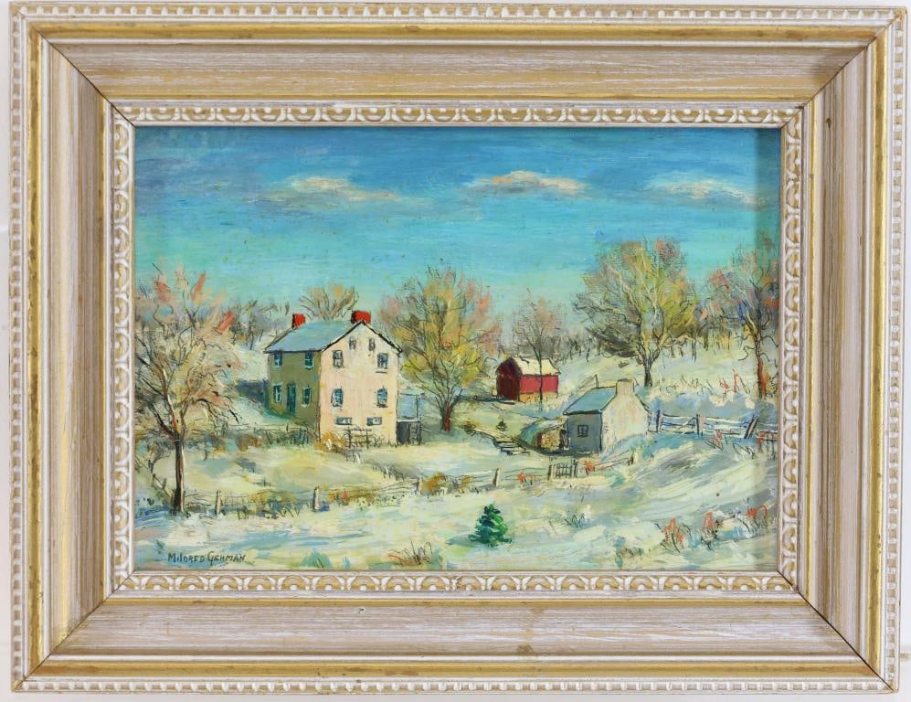 Mildred S. Gehman (1908 - 2006): Oil on board, SLL. Snow swept farmhouse and outbuildings nestled among rolling hills and trees. 5"h x 7"w and 7"h x 9.25"w framed