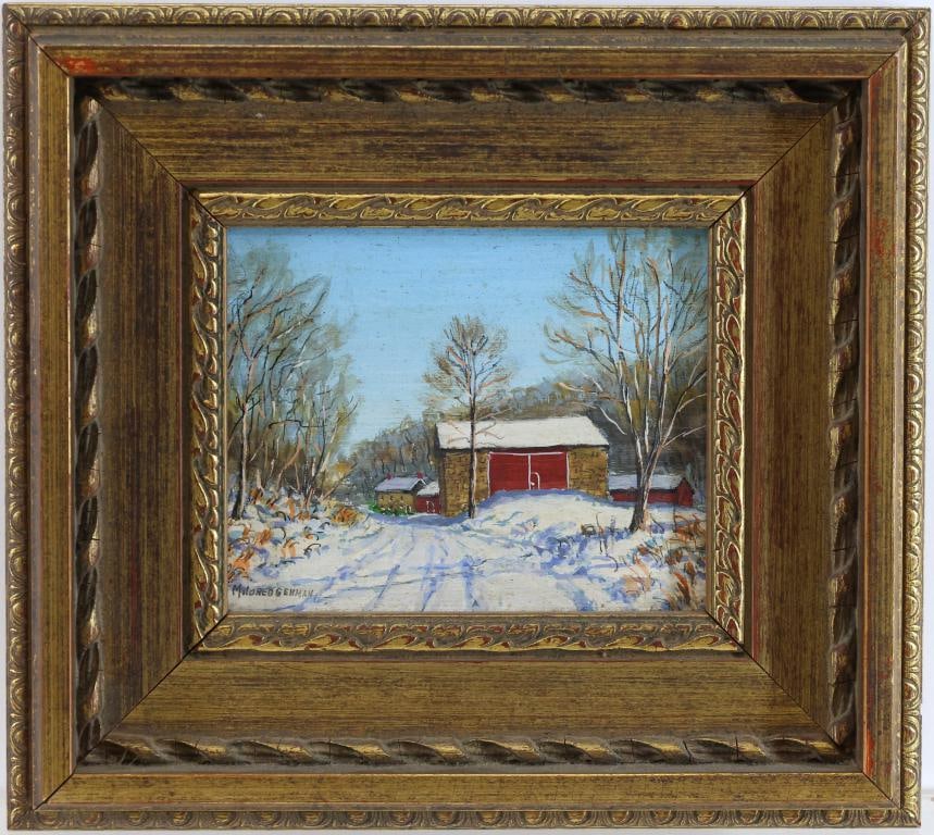 Mildred S. Gehman (1908 - 2006): Oil on board, SLL. Winter landscape with a snow covered road leading to a red barn and farmhouse. 4"h x 5"w and 7.5"h x 8.25"w framed