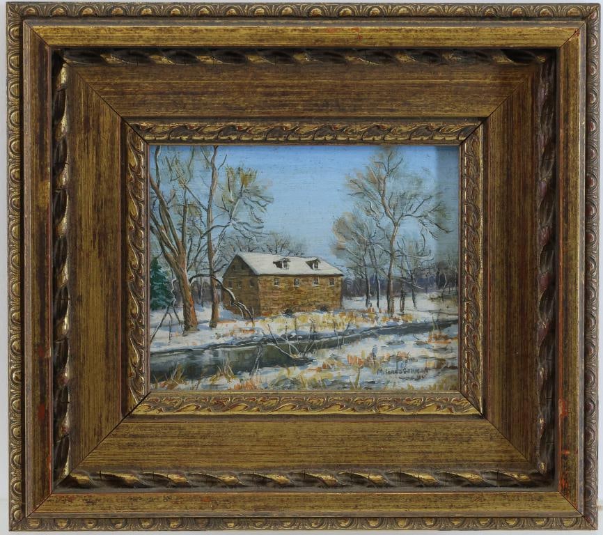 Mildred Gehman (1908-2006): Oil on board, SLR. Snow covered stone mill beside a partially frozen creek. 4"h x 5"w and 7.5"h x 8.25"w framed