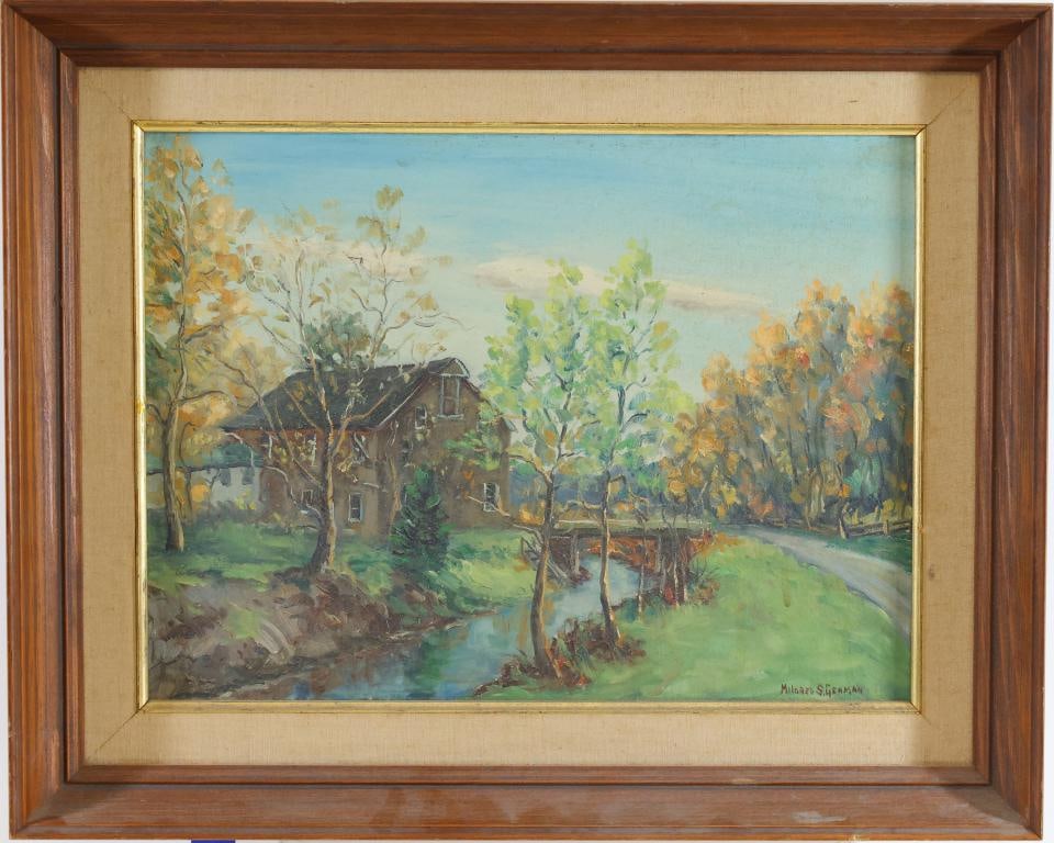 Mildred S. Gehman (1908 - 2006): Oil on board, SLR. Impressionist landscape with a farmhouse, covered bridge, stream, and autumn trees. 12"h x 15.75"w and 16.5"h x 20.5"w framed