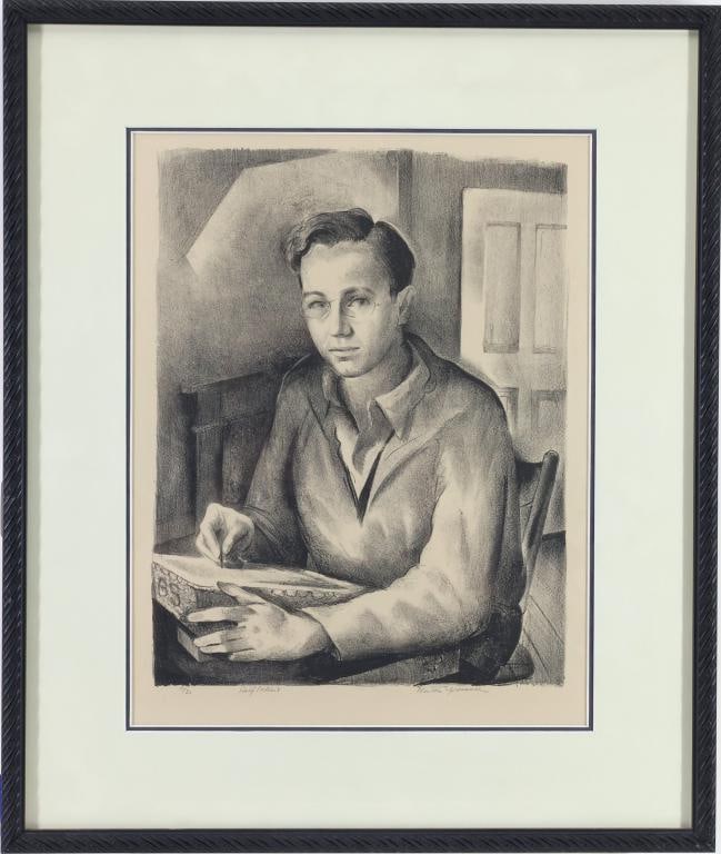 Benton Spruance (1904-1967): Lithograph, "Self Portrait," SLR, Modernist portrait of the artist seated at a table with drawing materials, facing the viewer. Edition 7/30, 13"h x 10"w sight; 19"h x 16"w, framed.