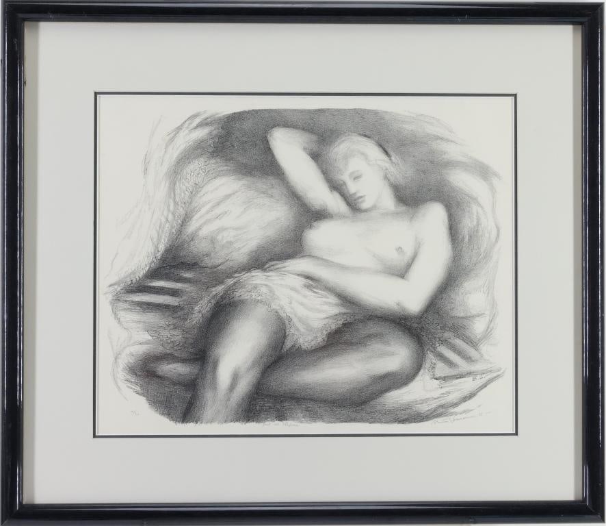Benton Spruance (1904-1967): Lithograph, "Girl in Repose," SLR, Modernist figural study with a reclining female nude resting on draped fabric. 12"h x 14.5"w sight; 18.5"h x 21"w, framed.