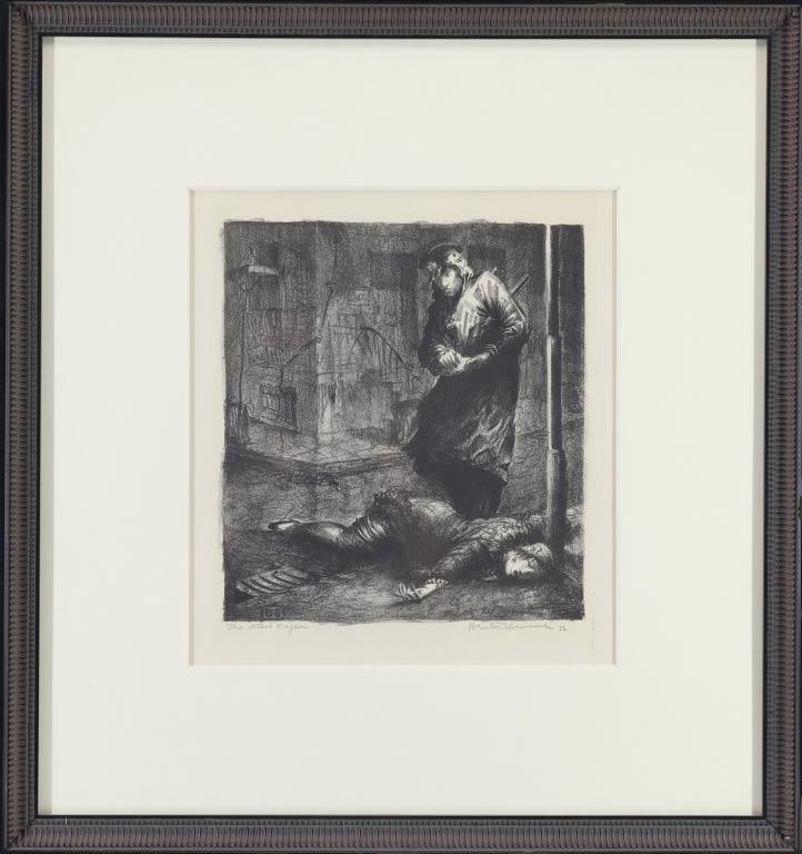 Benton Spruance (1904-1967): Lithograph, "The Stool Pigeon," SLR, Social Realist scene with a police officer standing over a fallen figure on a city street. 11.5"h x 10.5"w sight; 21.5"h x 20.5"w, framed