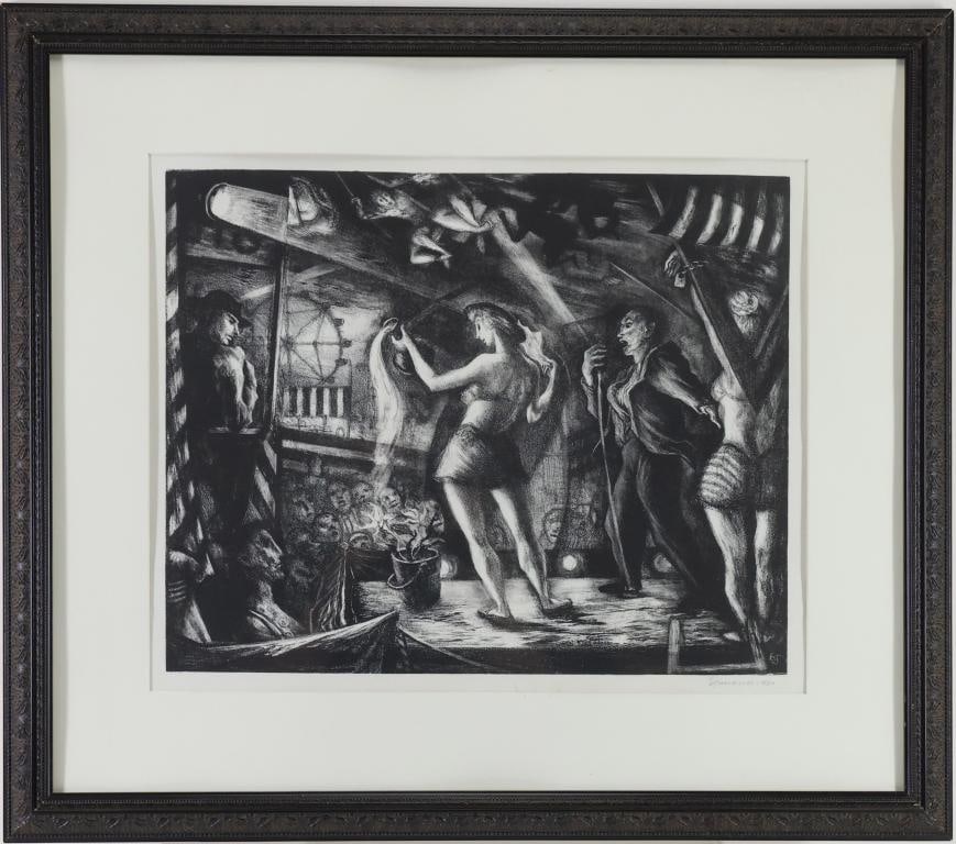 Benton Spruance (1904-1967): Lithograph, SLR, "Midsummer Spiel", depicting a circus performance with dancers, musicians, and acrobats. Sight: 14"h x 18"w; framed: 22.5"h x 26"w.