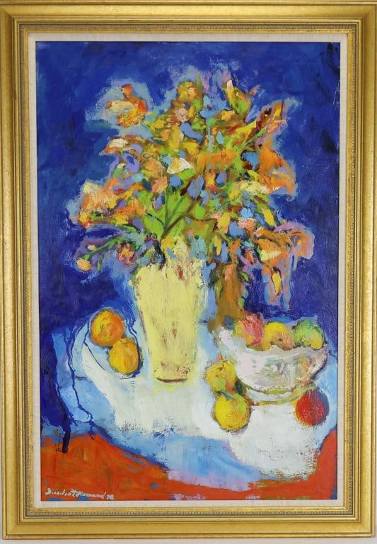 Humbert Howard (1905/15 - 1990): Oil on board, SDLL '78. Modernist still life with a bouquet of flowers, fruit and a white bowl. 37"h x 26.5"w framed