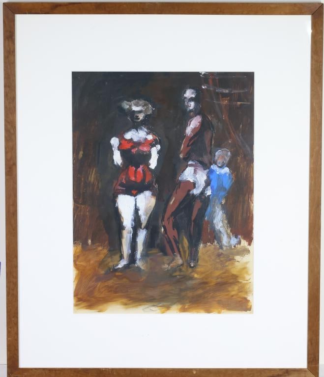 Leon Karp (1903 - 1951): Oil on paper, "Circus Family", SLR. Expressionist figural composition with three standing figures. 15.5"h x 11"w sight and 24"h x 20"w framed