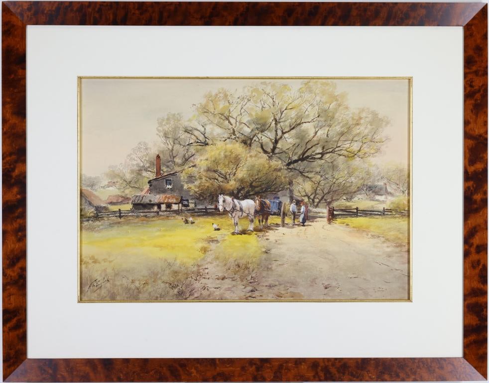 Frank F English (1854-1922): Watercolor/gouache, "Two Horse Team with Figures", SLL, Catalogue Raisonné #307. Impressionist rural landscape with a horse-drawn wagon, farmhouse, figures, and flowering trees. 13"h x 19"w sight and