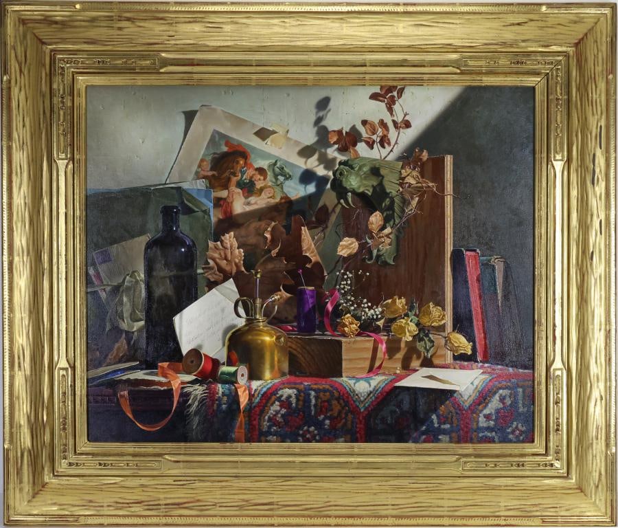 Louis Russomanno (1948-): Oil on canvas, SLL. Realist still life with books, bottles, dried roses, ribbon, correspondence, a brass vessel, carved griffin head, and a classical print. 20"h x 25"w and 29"h x 34"w framed