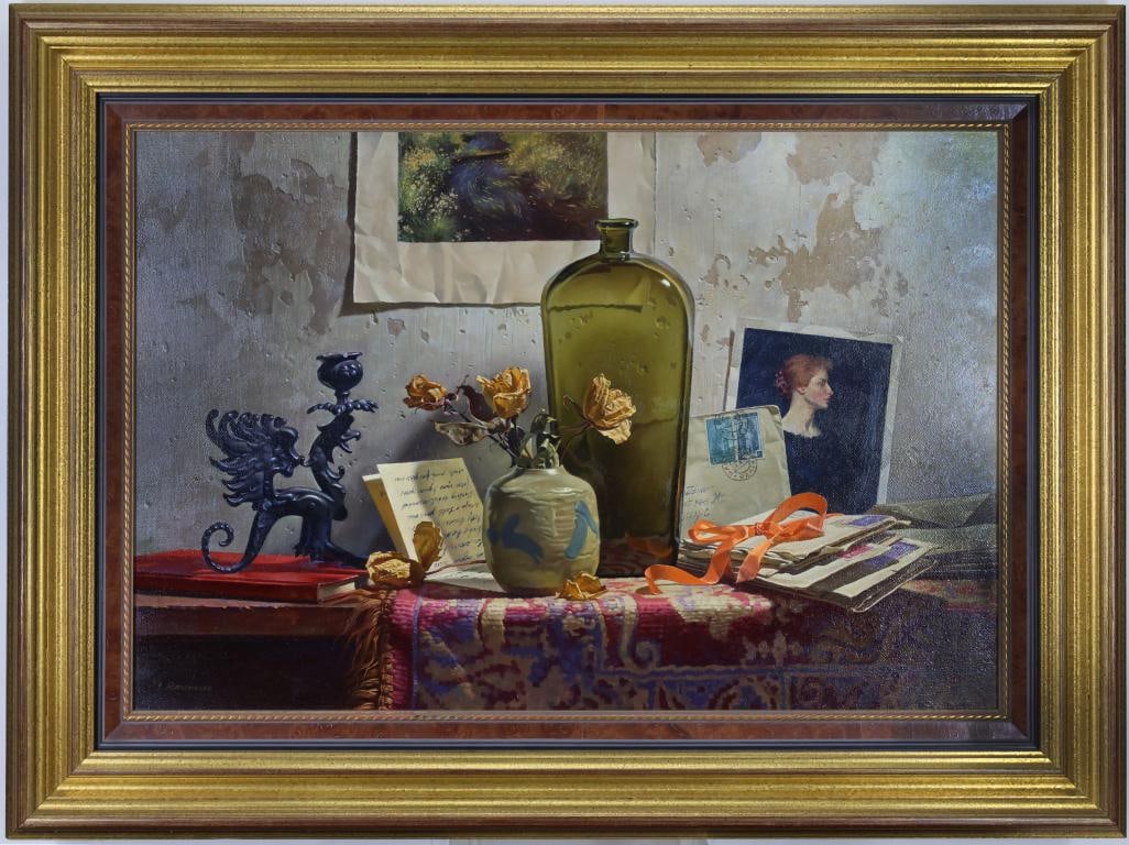 Louis Russomanno (1948-): Oil on canvas, "Ann's Love Letters", SLL. Realist still life with a green glass bottle, pottery vase with roses, letters, portrait, griffin figure, and decorative textile. 16"h x 20"w and 22.5"h x 30.