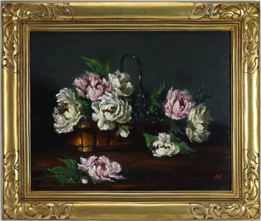 Christopher McCall (20th c.): Oil on canvas, SLR. Tabletop still life of pink and white roses. 16"h x 20"w and 21.5"h x 25.5"w framed
