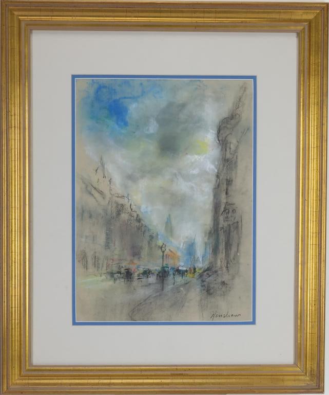 Glenn (Glen) Cooper Henshaw (1880-1946): Pastel, SLR. Impressionist city street scene with figures. 15"h x 11"w sight and 24.5"h x 20.5"w framed