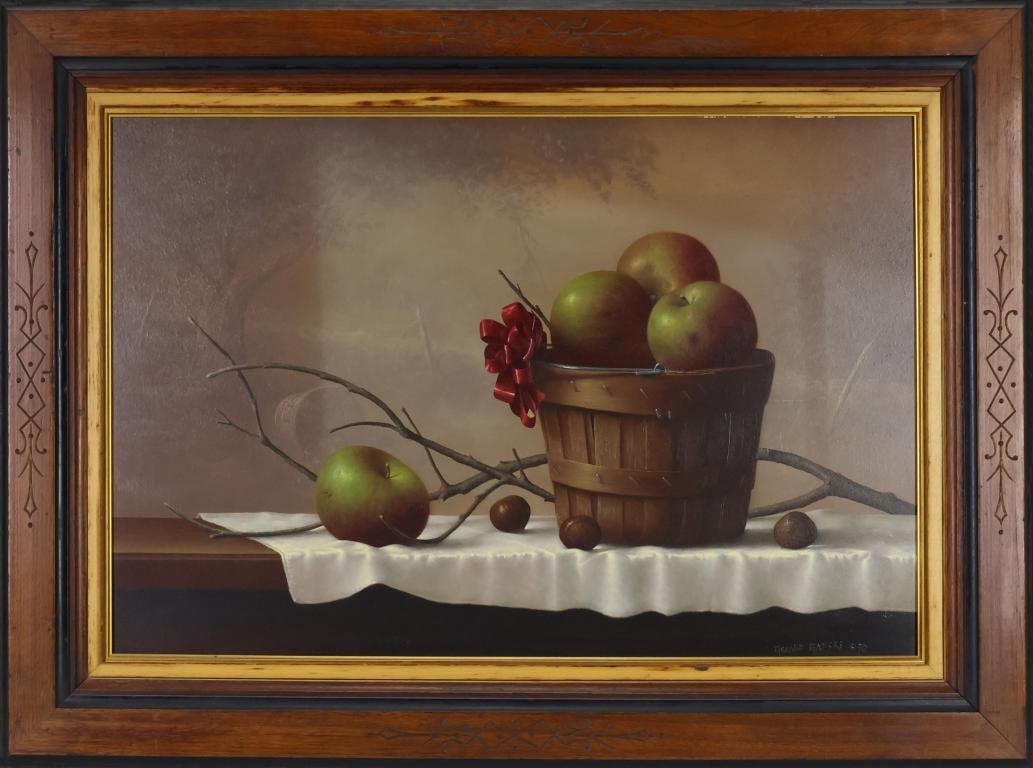 Gerald Gatski (20th c.): Oil on board, SDLR '90. Realist still life with a basket of apples, chestnuts, branches, and a white tablecloth. 15.5"h x 23"w and 22"h x 30"w framed