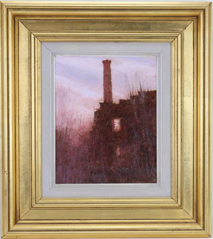 Anthony Michael Autorino (1937-2015): Oil on canvas, SDLR '86. Tonalist industrial landscape with a brick smokestack, mill buildings, and winter trees. 10"h x 8"w and 17.5"h x 15.5"w framed