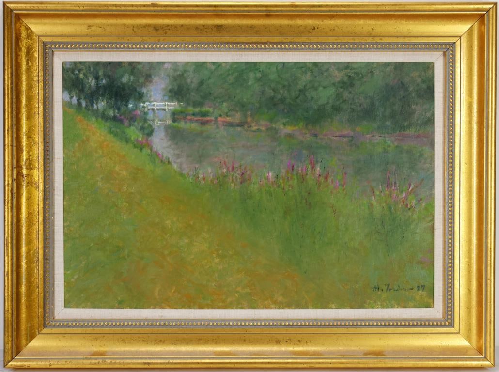 Anthony Michael Autorino (1937-2015): Oil on canvas, "Morning Raritan Canal", SDLR '87. Impressionist landscape with a pond, flowering grasses, and a white footbridge. 14"h x 24"w and 23"h x 31"w framed