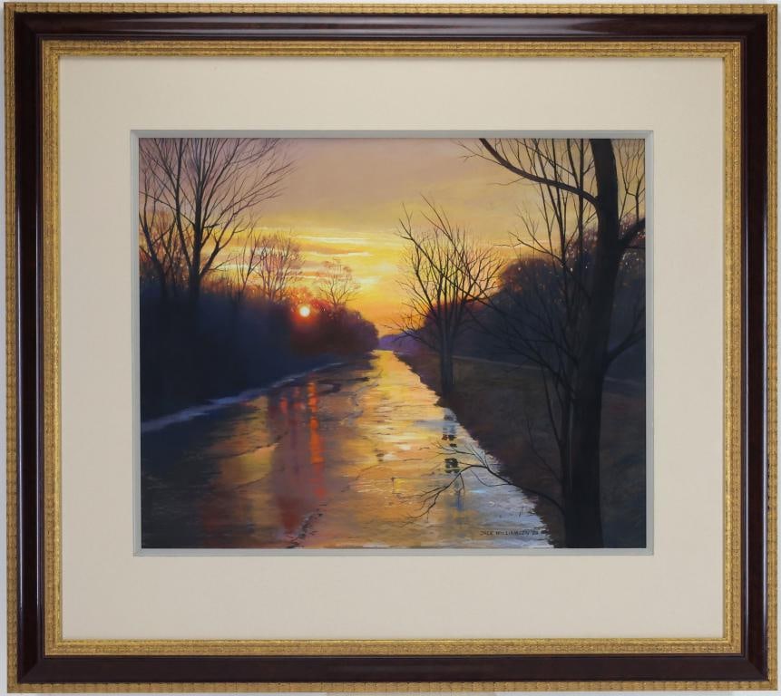 Jack Williamson (1927-): Pastel, SDLR '93. Realist winter landscape with a creek at sunset.17"h x 21"w sight and 28.5"h x 32"w framed
