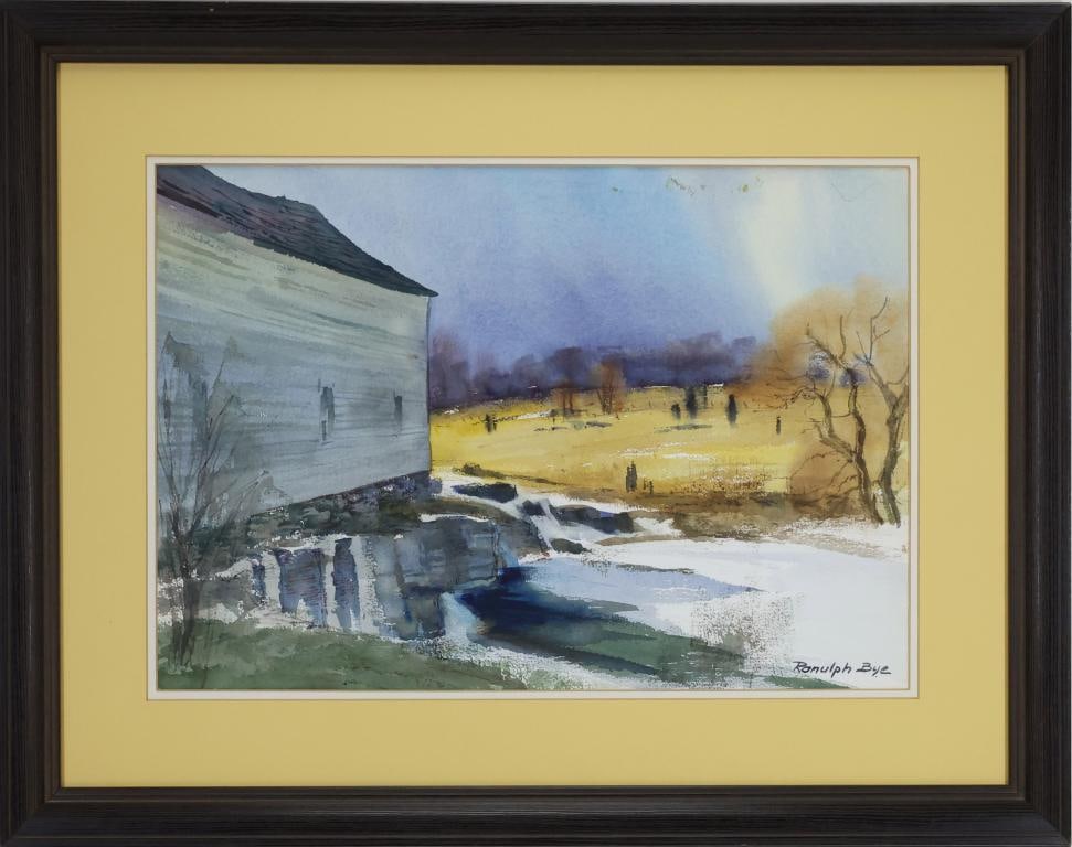 Ranulph Bye (1916-2003): Watercolor, SLR. Impressionist winter landscape with a mill, stream, and open fields.14"h x 20.5"w sight and 23"h x 29.75"w framed