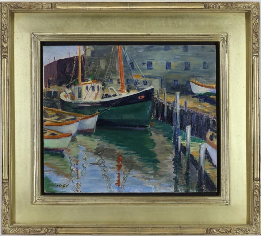 Ted Kautzky (1896-1953): Oil on board, SLL. Impressionist harbor scene with docked fishing boats and waterfront buildings. 12"h x 14"w and 19"h x 21"w framed