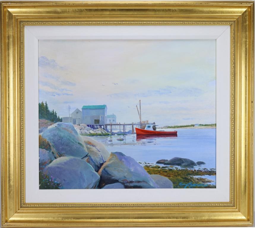 Knox Everson (20th c.): Oil on canvas, SLR. Impressionist coastal harbor scene with a red fishing boat, dock, and shoreline buildings.16"h x 20"w and 29.5"h x 33"w framed