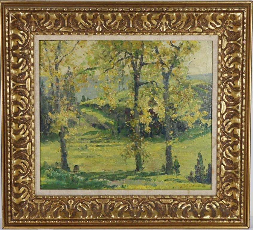 Arthur James Emery Powell (1864 - 1956): Oil on board. Impressionist landscape with sunlit trees and rolling hills. 20.5"h x 22.5"w framed