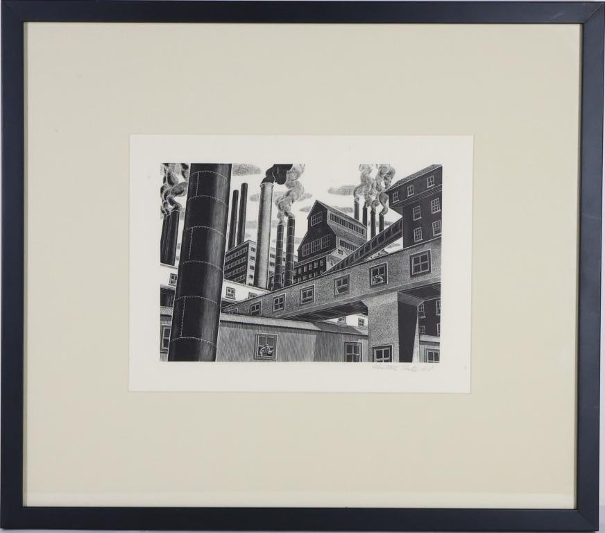 Salvatore Pinto (1905-1966): Woodblock, "Mills", SLR. American Precisionist print with an industrial factory complex, smokestacks, elevated walkways, and workers at factory windows. 9"h x 11.75"w sight and 18.5"h x 21"w framed