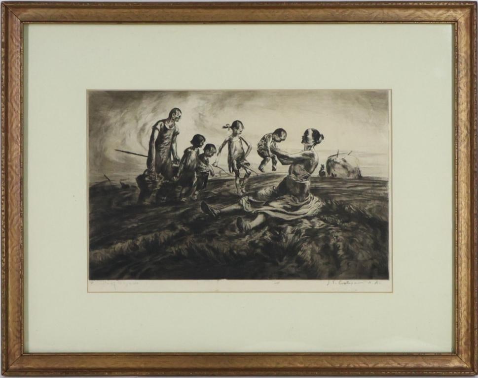John Edward Costigan (1888–1972): Etching, "Group of Figures", pencil signed lower right. Social Realist figural scene with a seated mother, children, and father in a farm setting. 9"h x 13.5"w and 17"h x 21.5"w framed
