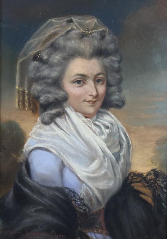 Thomas Gainsborough (1727 - 1788): Pastel portrait, "Mistresse Lowndes Stone", SLL, Half portrait of Mistresse Stone in a lace bonnet and shawl, 8.5" h x 6" w and 14" h x 11.5" w framed.