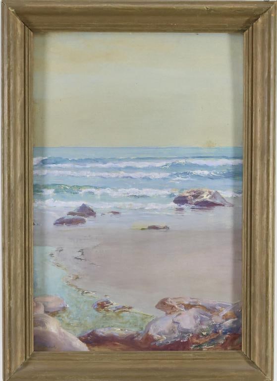 Walter Launt Palmer (1854-1932): Oil on board, "On the Beach", SLL. Coastal beach landscape with waves. 18"h x 12"w and 21"h x 15"w framed