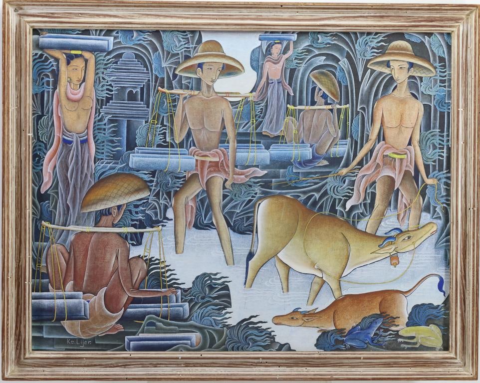 I Ketut Liyer (Born 1924): Oil on canvas, SLL, Balinese figural scene with villagers carrying goods through a stylized landscape done in an Art Deco influenced style. 21"h x 27"w and 24"h x 30"w framed