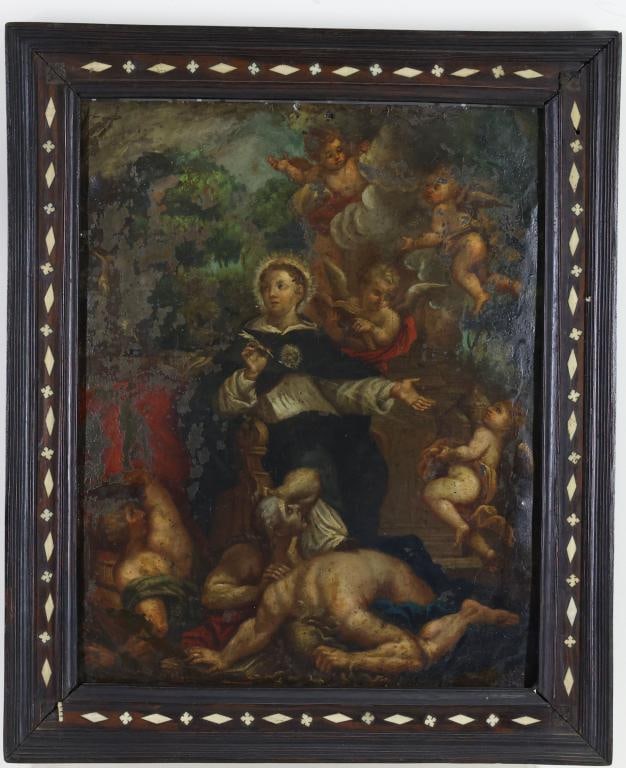 Continental or Spanish Colonial School (18th/19th Century): Oil on tin, Saint Dominic in the company of angels and putti, with tormented figures in the foreground. 13"h x 10.5"w and 16.5"h x 13.75"w framed