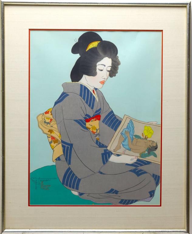 Paul Jacoulet (1902-1960): Woodblock print, "La Geisha Kiyoka Tokyo" (The Geisha Kiyoka, Tokyo), SLR. 13"h x 8.5"w sight and 18.5"h x 13.5"w framed