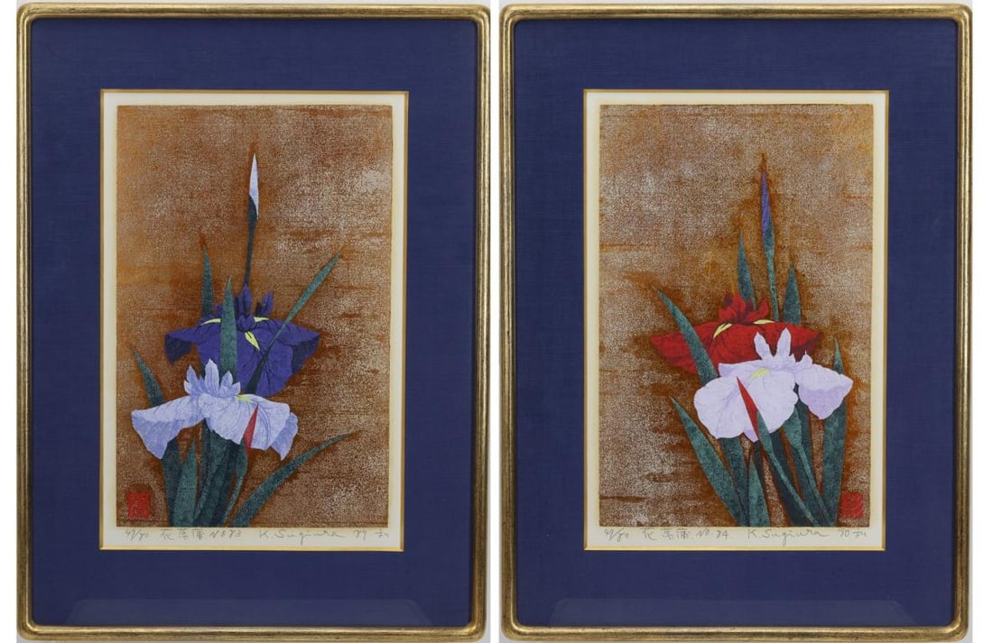 Kazutoshi Sugiura (b. 1938): Silkscreen prints, "Japanese Iris No. 83" and "Japanese Iris No. 84", both pencil signed and numbered 49/80. 13"h x 8.5"w sight and 18.5"h x 13.5"w framed
