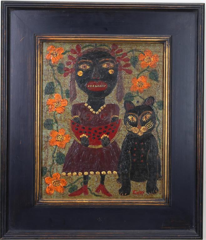 David Tinsley (Born 1951): Oil on board, "Sugar Baby No. 3", SLR. Folk art portrait of woman holding watermelon beside black cat. 14"h x 11"w and 20.5"h x 17"w framed