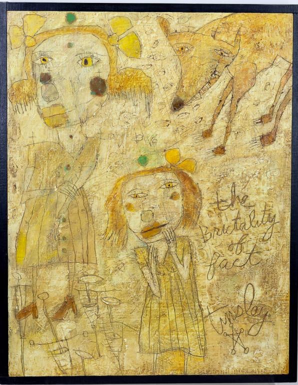 David Tinsley (Born 1951): Oil on board, "Brutality of Fact", signed and titled en verso. Folk art figural scene with two stylized women and a wolf. 19"h x14.75"w framed