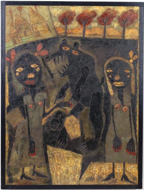David Tinsley (Born 1951): Oil on board, "The Brutality of Fact, No.2", signed and titled en verso. Folk art figural scene with two stylized women and a bear. 16.75"h x 12.75"w