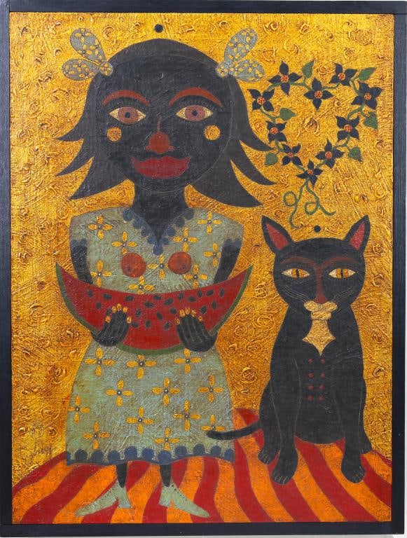 David Tinsley (Born 1951): Oil on board, "Sugar Baby No. 2", SLL and en verso. Folk art portrait of young woman holding a watermelon beside a black cat 16.75"h x 12.75"w