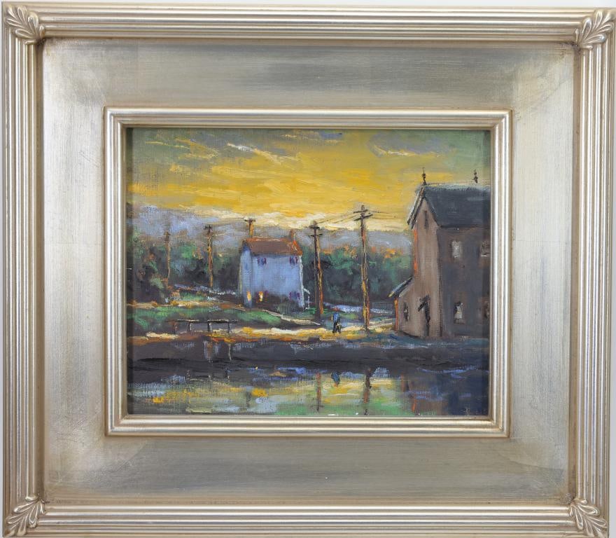 Christopher G. Willett (Born 1959): Oil on canvas, "Sunset River Road", signed and titled en verso. Impressionist river landscape with houses and utility poles reflected on a calm river. 8"h x 10"w and 13.75"h x 15.75"w framed