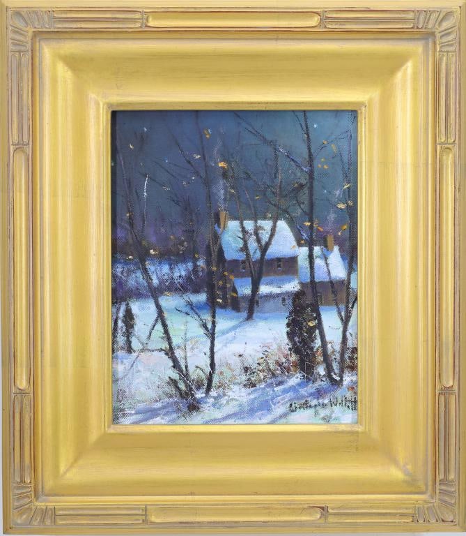Christopher G. Willett (Born 1959): Oil on canvas, SLR. Impressionist nocturne with a snow swept cottage. 10"h x 8"w and 16"h x 14"w framed