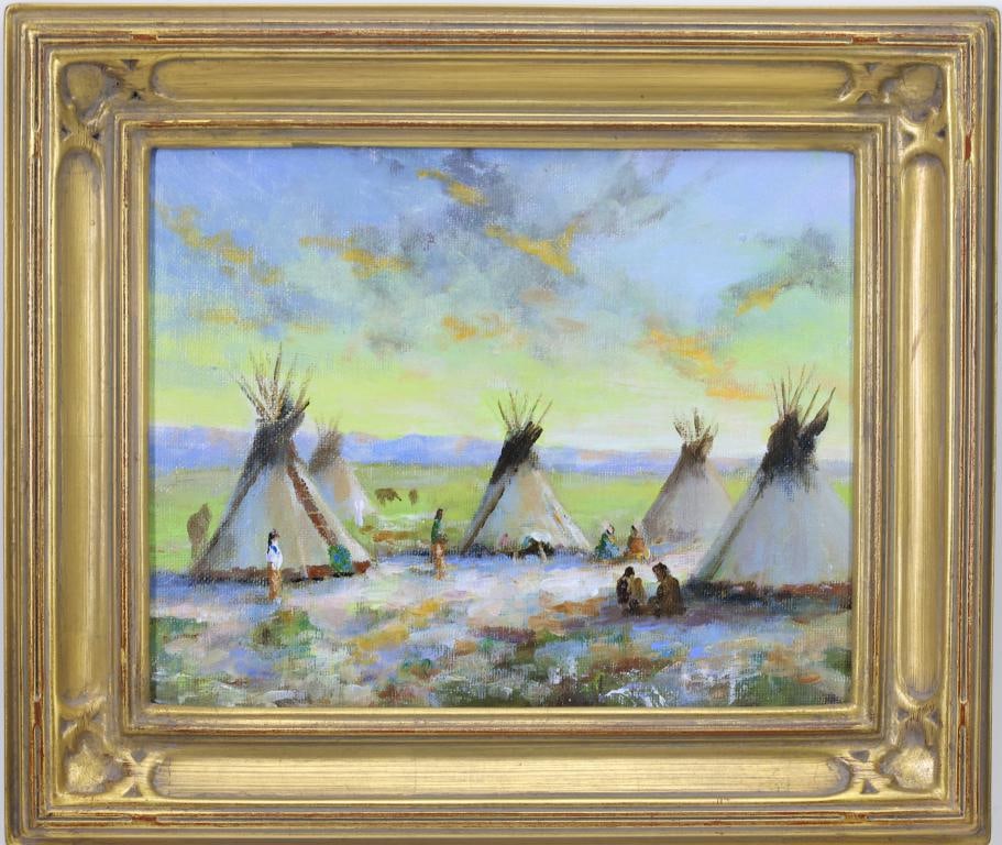 Christopher G. Willett (Born 1959): Oil on board, "Camp at Sunset", SLR. Impressionist Western scene with Native American teepees and figures on the open plains. 8"h x 10"w and 11.5"h x 13.25"w framed
