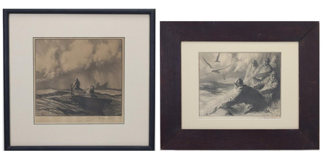 Gordon Hope Grant (1875 - 1962 ): Lithographs, "Men of Gloucester" and "Hauling in the Nets", both pencil signed lower right. Maritime genre scenes of fishermen in rough seas and figures hauling nets aboard a fishing boat. 16.5"h x 17
