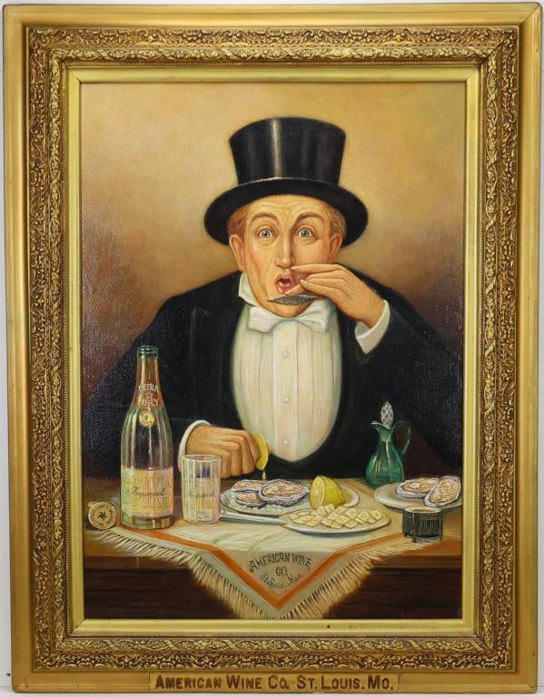Oil on Board, Signed.: Oil on board, SLR "Repainted AF Hermansader". Advertising folk art portrait of a gentleman enjoying oysters and wine, for American Wine Co., St. Louis. 28"h x 20"w and 35"h x 27"w framed