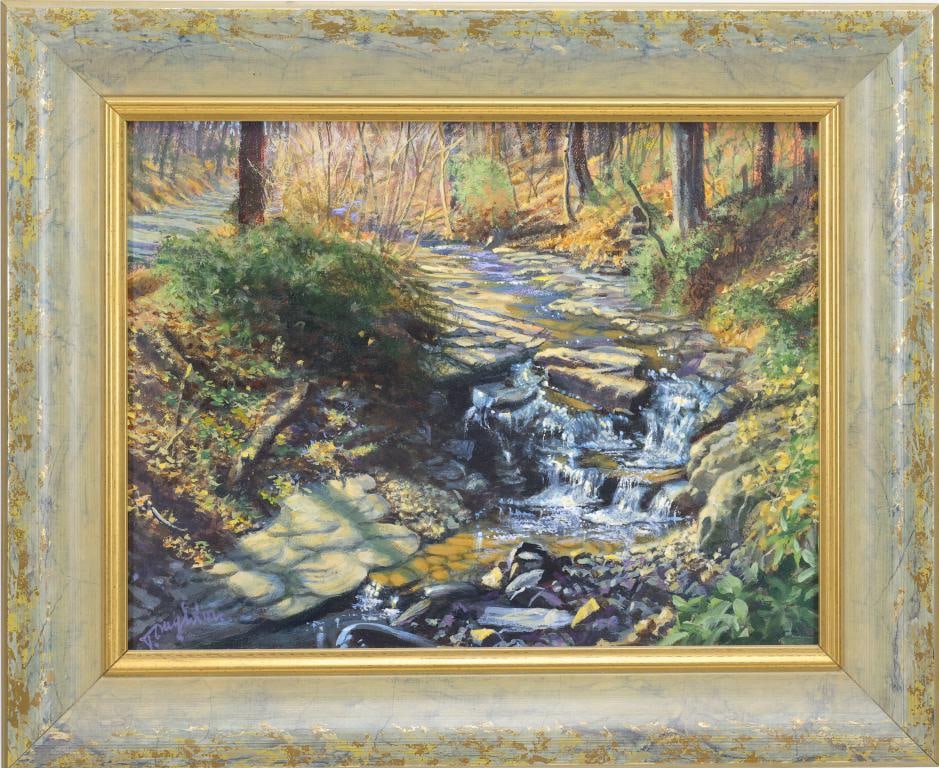 Taylor Oughton (b. 1925): Oil on canvas, "Cascades", SLL. Realist woodland scene of a sunlit stream with cascading water and rocky banks.11"h x 14"w and 15"hx 18"w framed