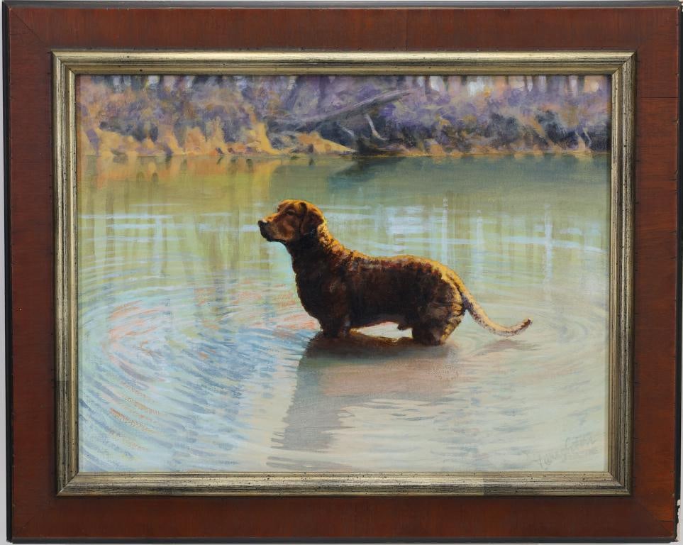 Taylor Oughton (b. 1925): Oil on board, SLR. Impressionist landscape of a retriever standing in shallow water with reflections and a wooded riverbank in the background. 16"h x 20"w framed