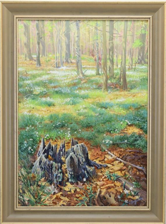 Taylor Oughton (b. 1925): Acrylic on canvas, "Transitions", SLR. Realist woodland scene of a forest floor with wildflowers, tree stump, and deer in the distance. 20"h x 14"w and 23.5"h x 17.5"w framed
