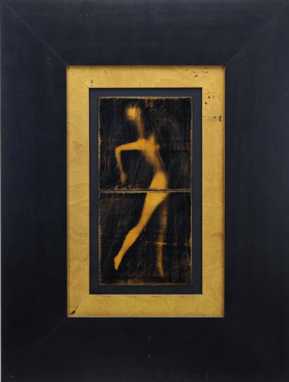 Craig Alan (b. 1971): Encaustic and Acrylic, "Calico XI", Abstract figural composition. 12"h x 6"w and 24.5"h x18.5"w framed