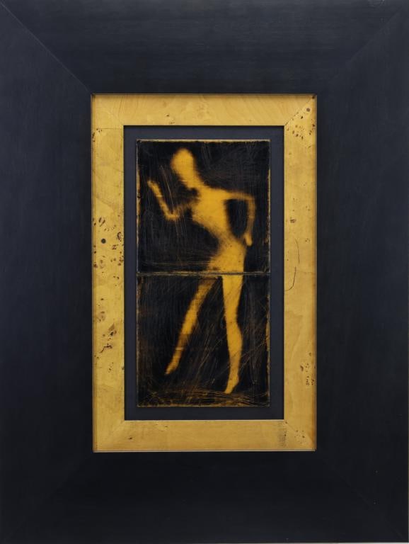 Craig Alan (b. 1971): Encaustic and Acrylic, "Calico XII", Abstract figural composition. 12"h x 6"w and 24.5"h x18.5"w framed